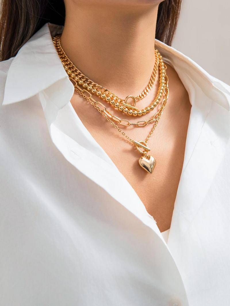 Women's Punk Style Love Heart Necklace & Chain Necklace & Beaded Necklace, Stackable Clavicle Chain, Multilayer Necklace, 4pcs/set Trendy Ot Buckle Design Matching Necklaces, Chic All-match Jewelry As Gift for Girlfriend, Exquisite Jewelry Gift