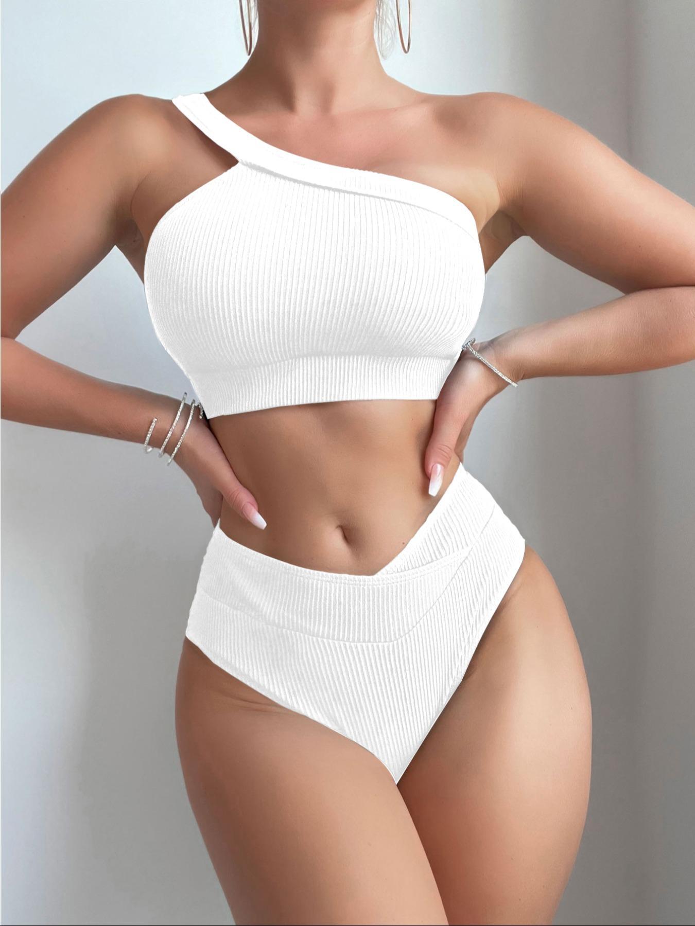 Two-Piece Set Women's Solid Color Ribbed Bikini Set for Beach Holiday Vacation, Ladies Swimwear, Swimsuits for All Seasons, Swimming Suit