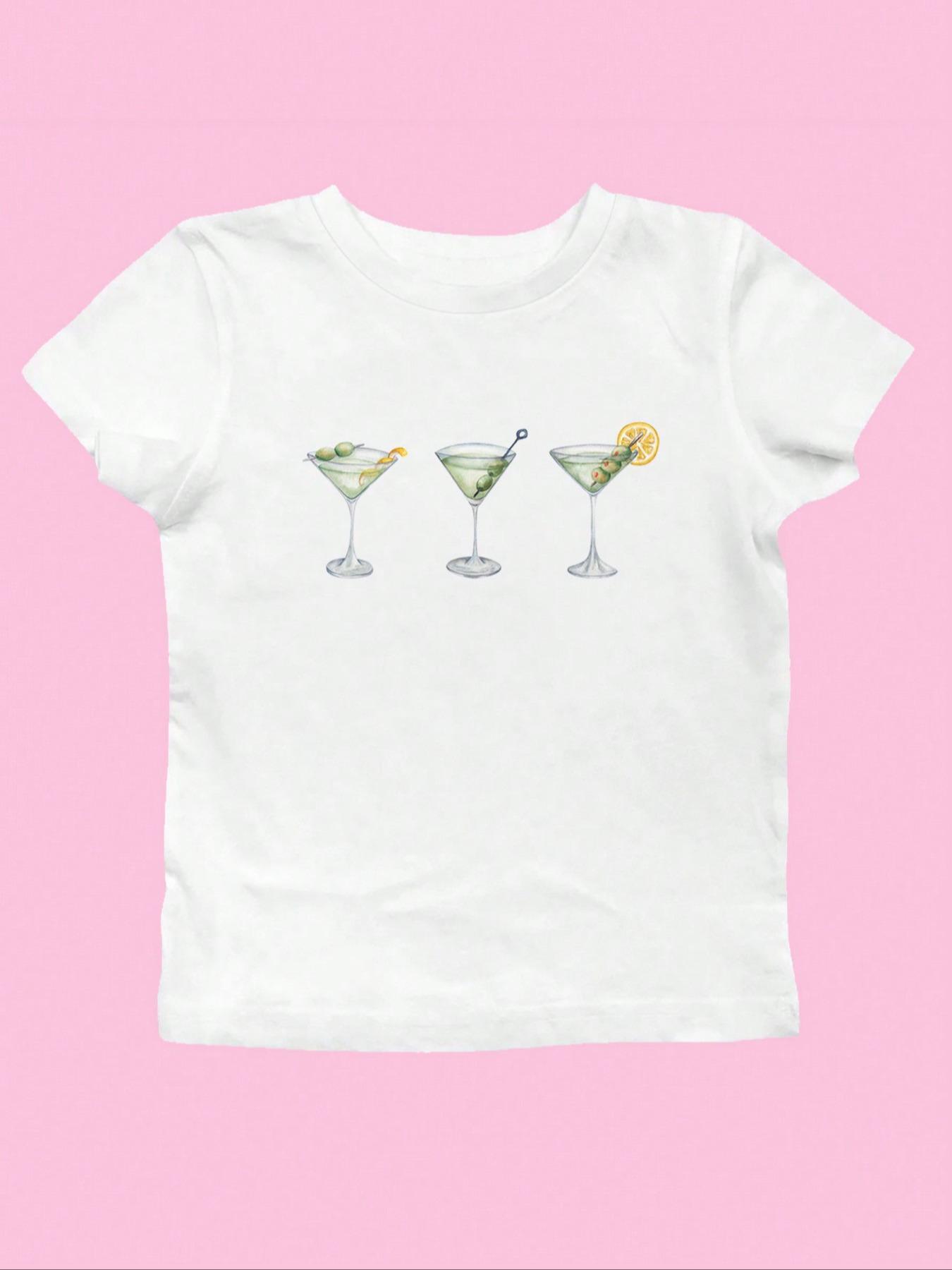 Women's Beverage Print Round Neck Crop Tee, Casual Short Sleeve Crew Neck T-shirt for Daily Wear, Casual Everyday Wear, Summer Tops, Ladies Back To School Clothes for All Seasons