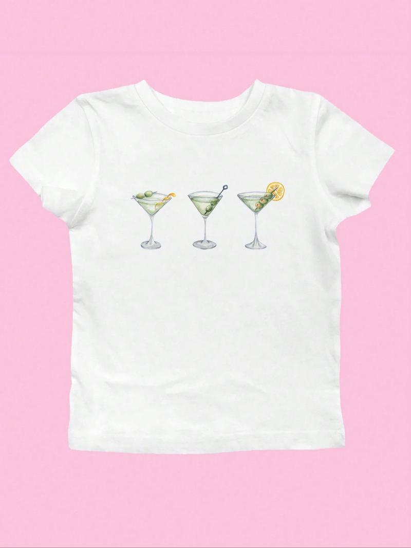 Women's Beverage Print Round Neck Crop Tee, Casual Short Sleeve Crew Neck T-shirt for Daily Wear, Summer Tops, Ladies Back To School Clothes for All Seasons