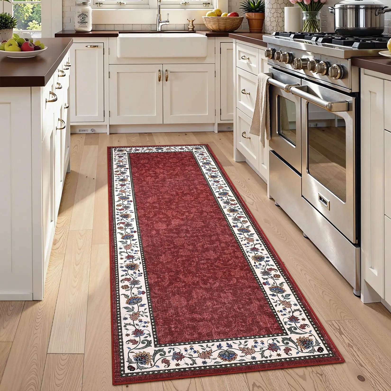 2x6 Washable Persian Runner Rug, Vintage Printed Pearl Velvet Hallway Carpet, Foldable Soft Rug for Entryway Kitchen Laundry Room, Red
