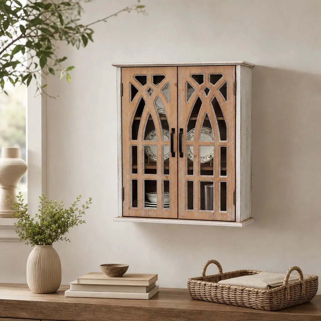 ARCH Vintage Wall-Mounted Storage Cabinet with Decorative Cutout Doors, Rustic Wooden Hanging Cupboard for Bathroom, Living Room, Bedroom, Farmhouse Style, Natural Wood and Antique White Finish, 24.61 H x 21.26 W x 8.46 D Inches, Natural/Natural Whit