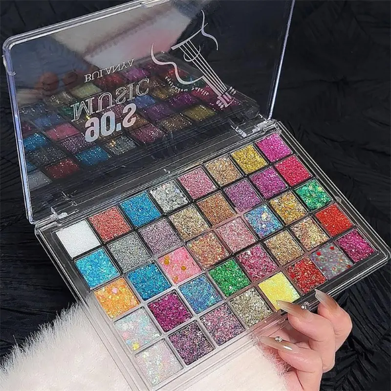 Y2K girl exclusive 40-color ultra-glitter Sparkly Shimmer eyeshadow palette, full range of luminous fine glitters & chunky flakes. Blendable shiny pigment for stunning bold eye makeup at festivals, night raves and themed parties. Cosmetic