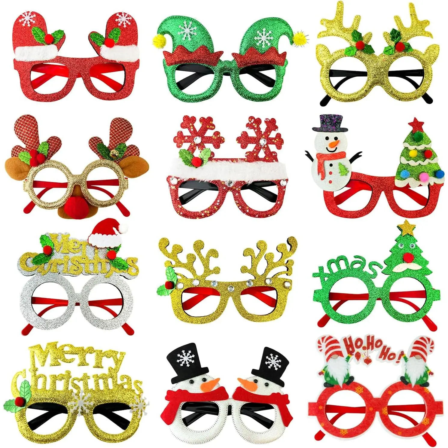 Christmas Accessories Bulk 24 Pack - Xmas Glitter Glasses Frames to Wear,  Size Holiday Eyeglasses Party Favors Supplies, Friendsmas Classroom Gifts Prizes Photo Props Decor for Costume
