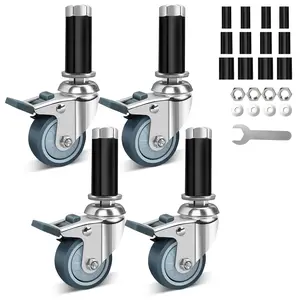 2 Inch Caster Wheels for Prep Table, Expanding Stem Casters Set of 4, Heavy Duty Castors with Locking Brake Fit 7/8", 1", 1-1/8" Stainless Steel Furniture Legs, Wire Shelving Racks, Utility Cart