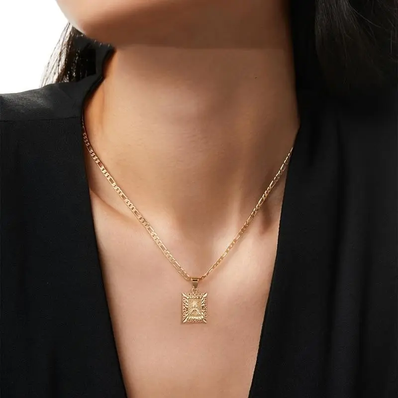 [Golden Necklace] 14K Golden Initial Letter Pendant Necklace |     Unisex Design for Men & Women, Square Alphabet Figaro Chain with Ornate Detailing |     Polished Finish, Golden Alphabet, Perfect for Casual Attire or Gifting
