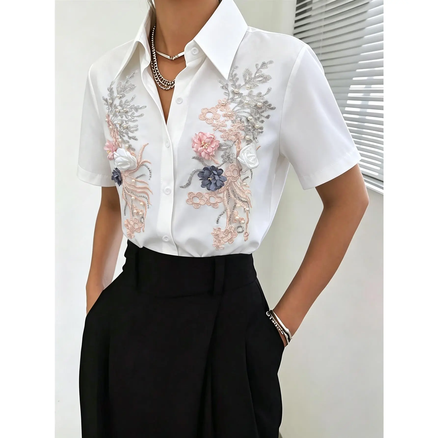 ASANDY Women's Blouse, Elegant 3D Floral Pearl Beaded Button Down Top, Casual Oversized Short Sleeve Shirt for Summer, Jeans