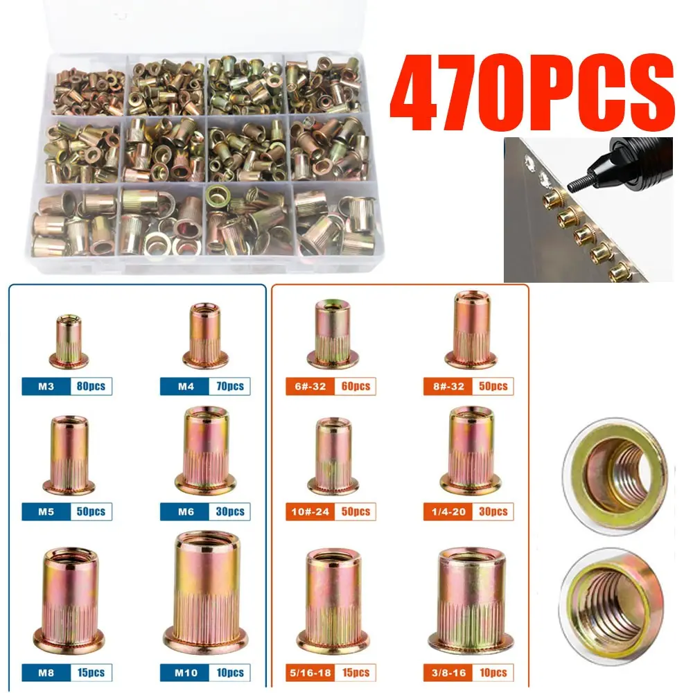 470pcs Mixed Sizes Box Set, Imperial & Metric Zinc-Plated Rivet Nuts, Flat Head Vertical Groove, Carbon Steel, Rivet Nut Kit, Galvanized Screws
