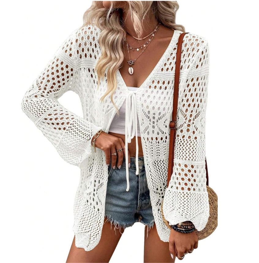 Women's Solid Color Hollow Out Tie Front Crochet Cardigan, Casual Long Sleeve Knitwear for Summer, Fashion Women's Knit Clothing for Daily Wear, Knitting, Summer Cardigan Women, Beach Cover Up, Lightweight Knit Top, Boho Crochet Sweater, Vacation Outfit