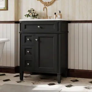 ARCH 24 Inch Modern Bathroom Vanity with Ceramic Top Sink, Freestanding Floor Cabinet with 2 Drawers and Tip-Out Drawer, Solid Wood and MDF Storage Cabinet in Black, Blue, Green, Grey, White Color Options for Bathroom Organization