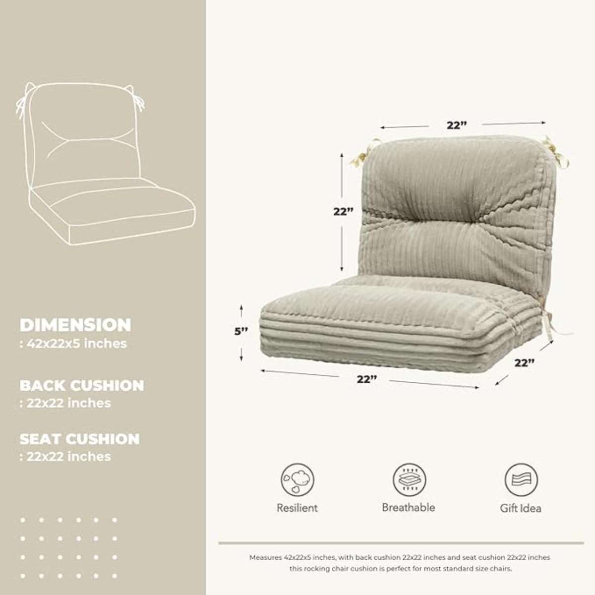 High Back Chair Cushion, Velvet Rocking Chair Cushion, 44x22x5 Inches Soft Seat Cushion for Indoor Furniture with Ties (Grey, Standard)