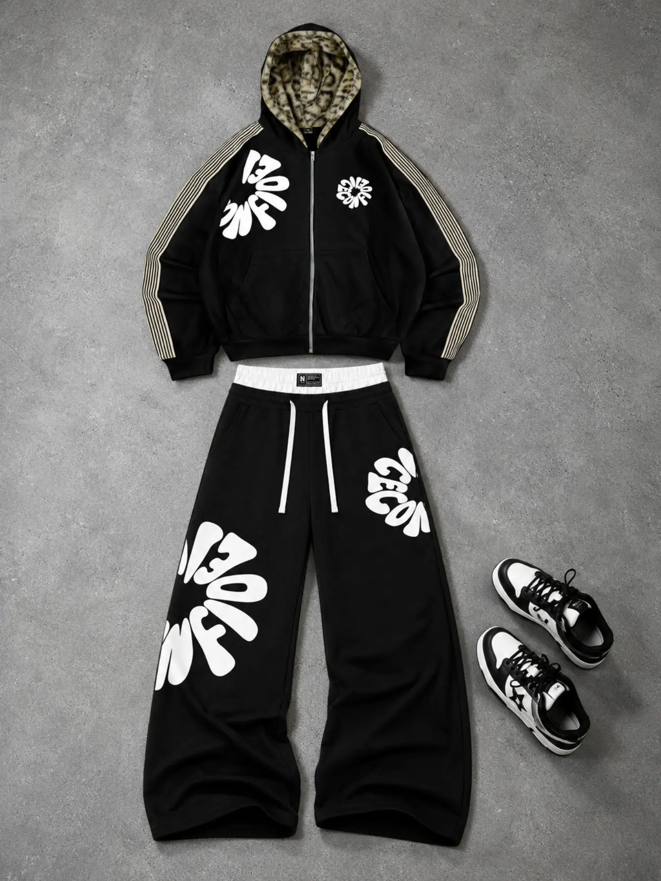 Men's Black Floral Graphic Zip-Up Hoodie and Wide-Leg Sweatpants 2-Piece Set, Menswear, Leopard Hood, Pinstripe Sleeves, White Flower Prints and Contrast Waist, Drawstring Pants, Retro Y2K Streetwear for Campus, Travel