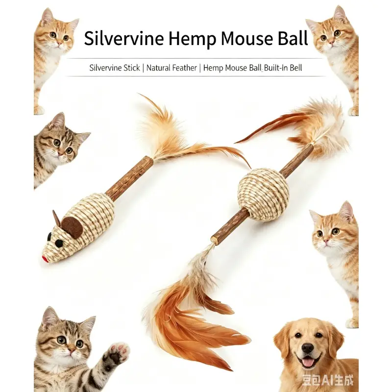 3 PCS Silvervine Cat Chew Sticks Toys Sisal Rope Mouse Ball with Bell Feather Teaser Interactive Kitten Molar Hunting Toys Indoor Cat Stress Relief Play Toys