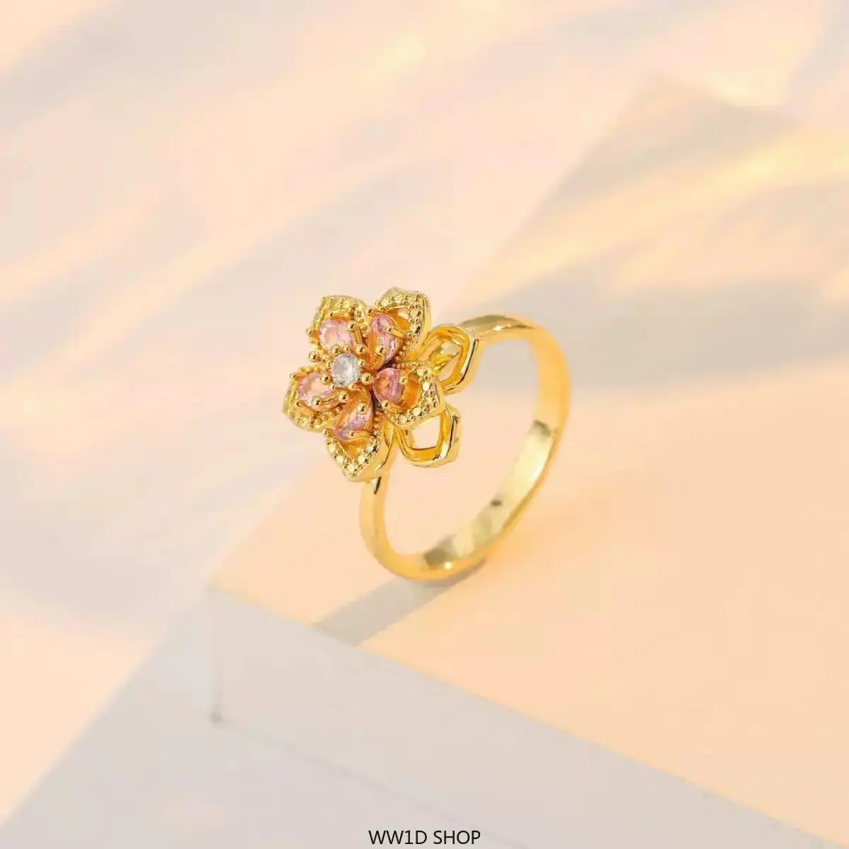 Women's Gold Plated Flower Ring with Spinning Birthstone Crystal - Adjustable Fidget Band for Everyday Stress Relief, Peppy, Glamorous, Anniversary, Baroque