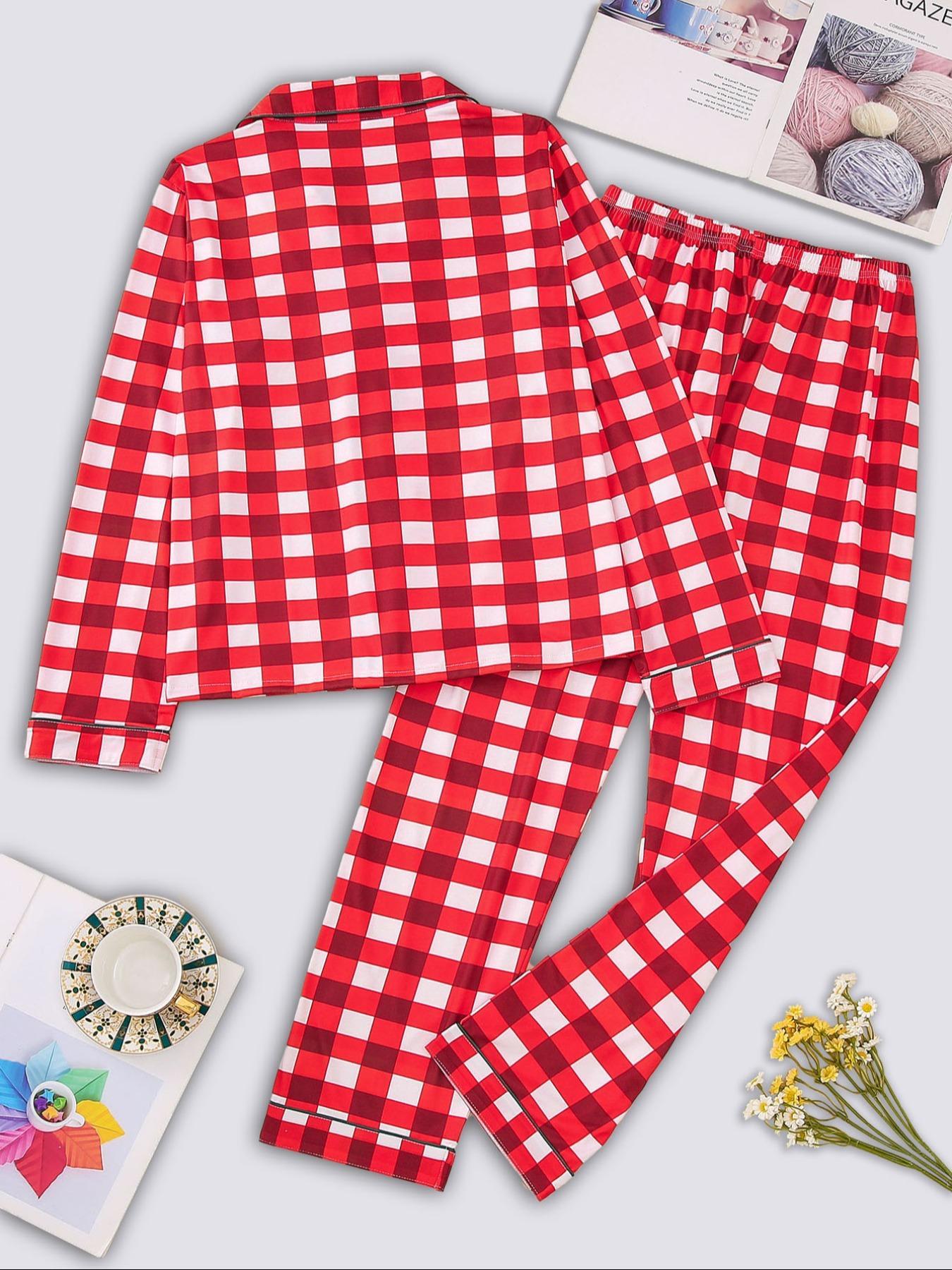 Women's Plaid Print Lapel Neck Button Front Top & Pants Pajama Two-piece Set, Elegant Comfy Long Sleeve Top & Pants Pj Set, Ladies Sleepwear for Spring & Fall, Casual Sleepwear Set