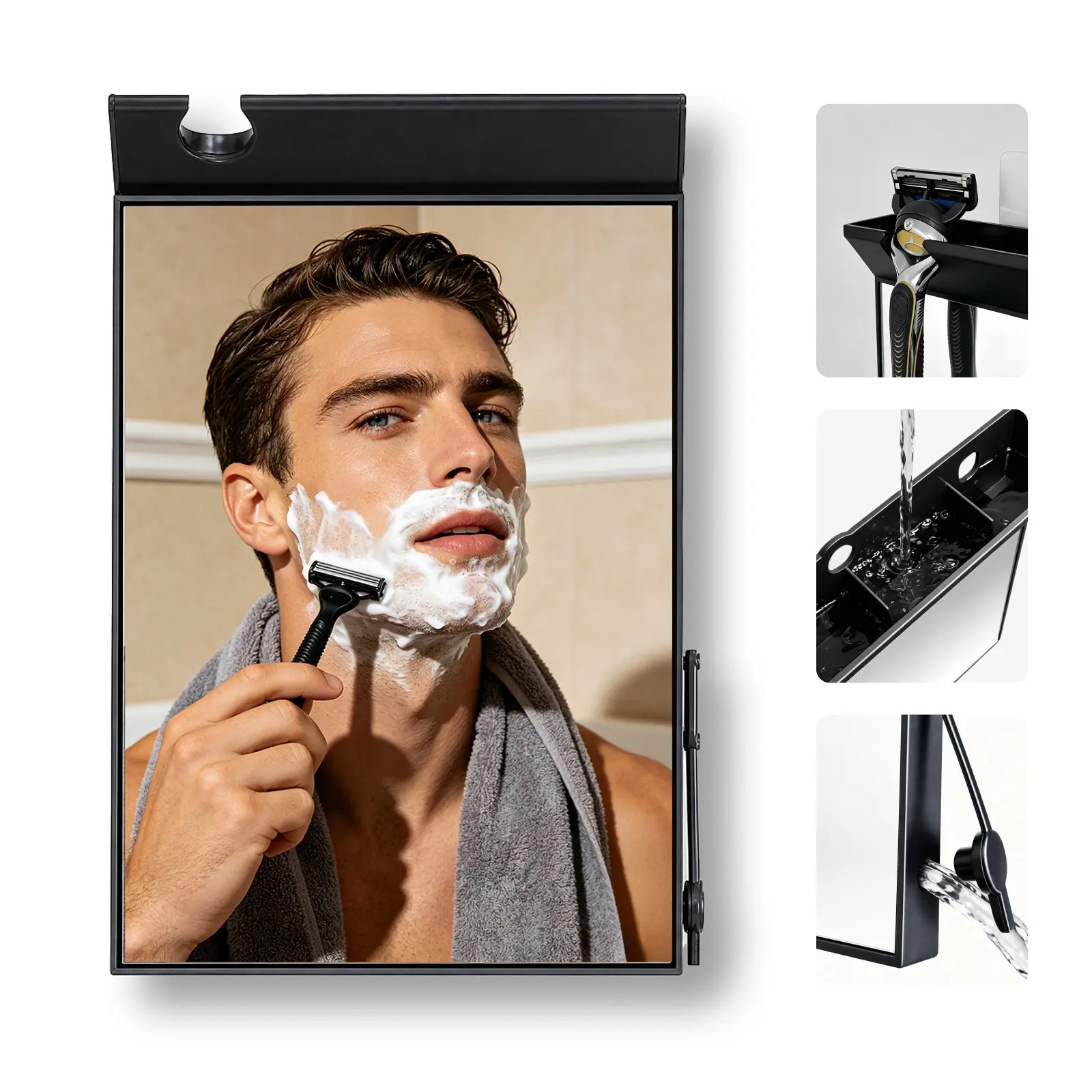 Anti-Fog Bathroom Shaving Mirror with Razor Holder, Wall-Mounted, Waterproof, Includes Squeegee and Strong Adhesive Hook, Shower Mirror For Shaving