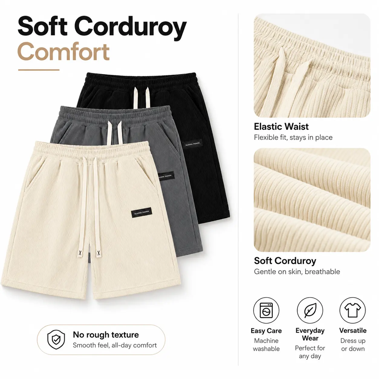 Men's Soft Corduroy Shorts 3 Pack Fashion Casual Lounge Shorts Lightweight Breathable Shorts for Summer