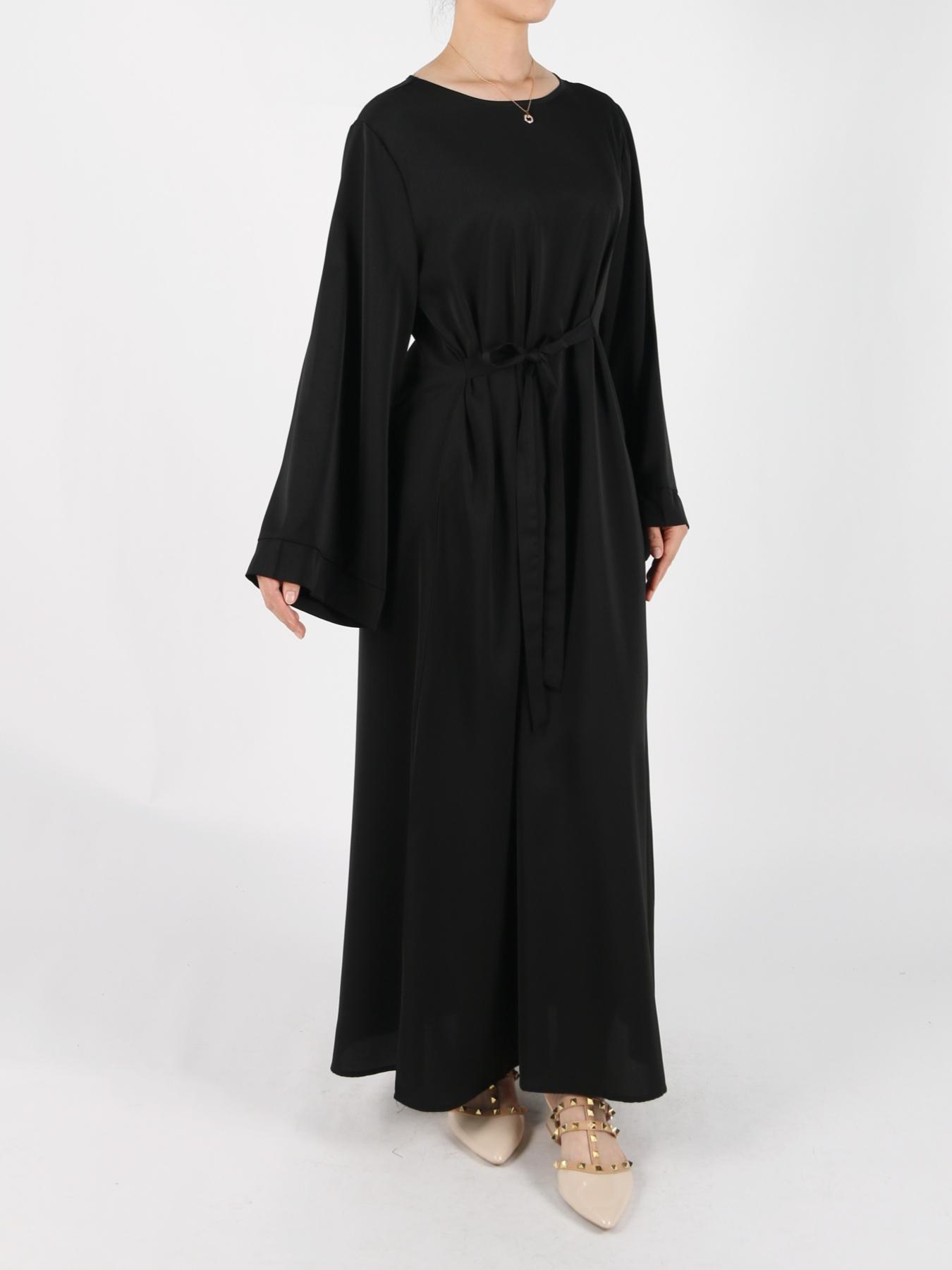 Women's Solid Belted Long Sleeve Kaftan Dress, Modest Round Neck Long Dress for Daily Wear, Casual Ladies Muslim Maxi Clothes for All Seasons, Modesty Muslim Clothing
