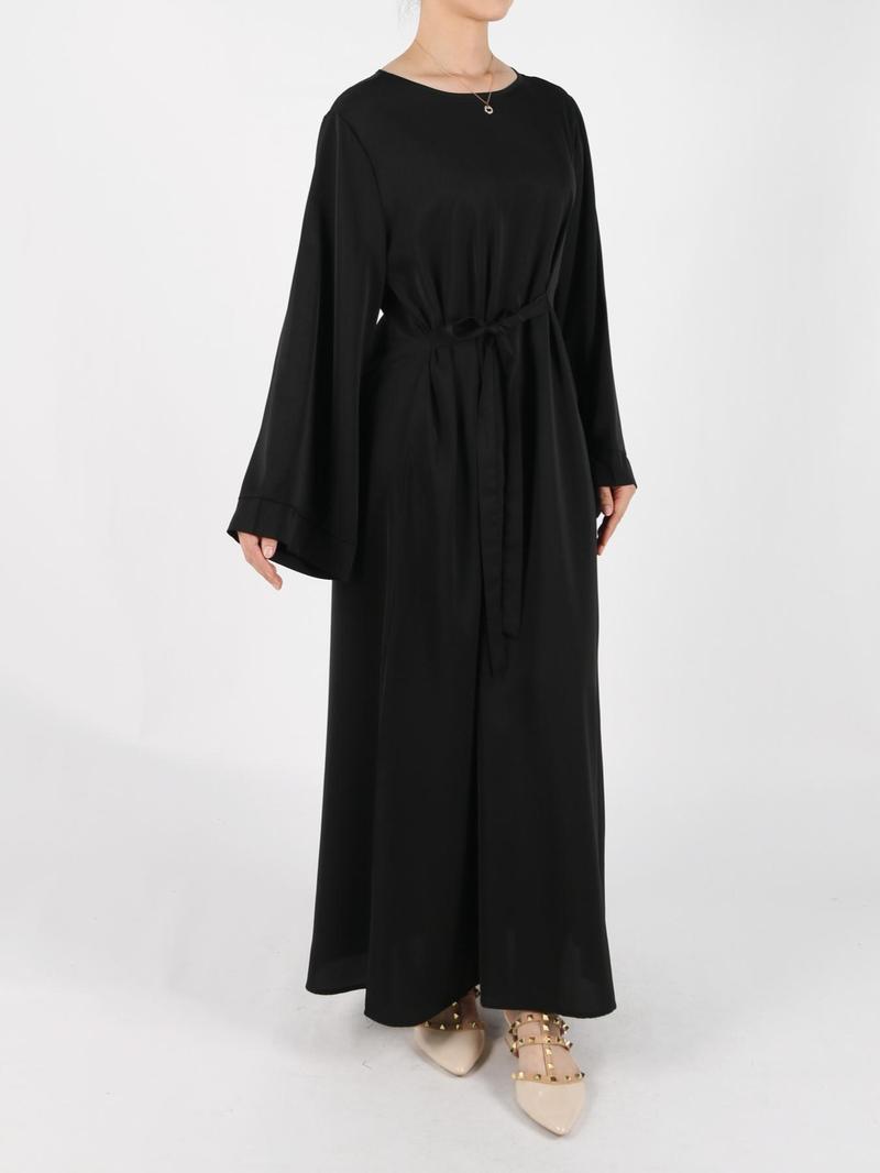 Women's Solid Belted Long Sleeve Kaftan Dress, Modest Round Neck Long Dress for Daily Wear, Casual Ladies Muslim Maxi Clothes for All Seasons, Modesty Muslim Clothing