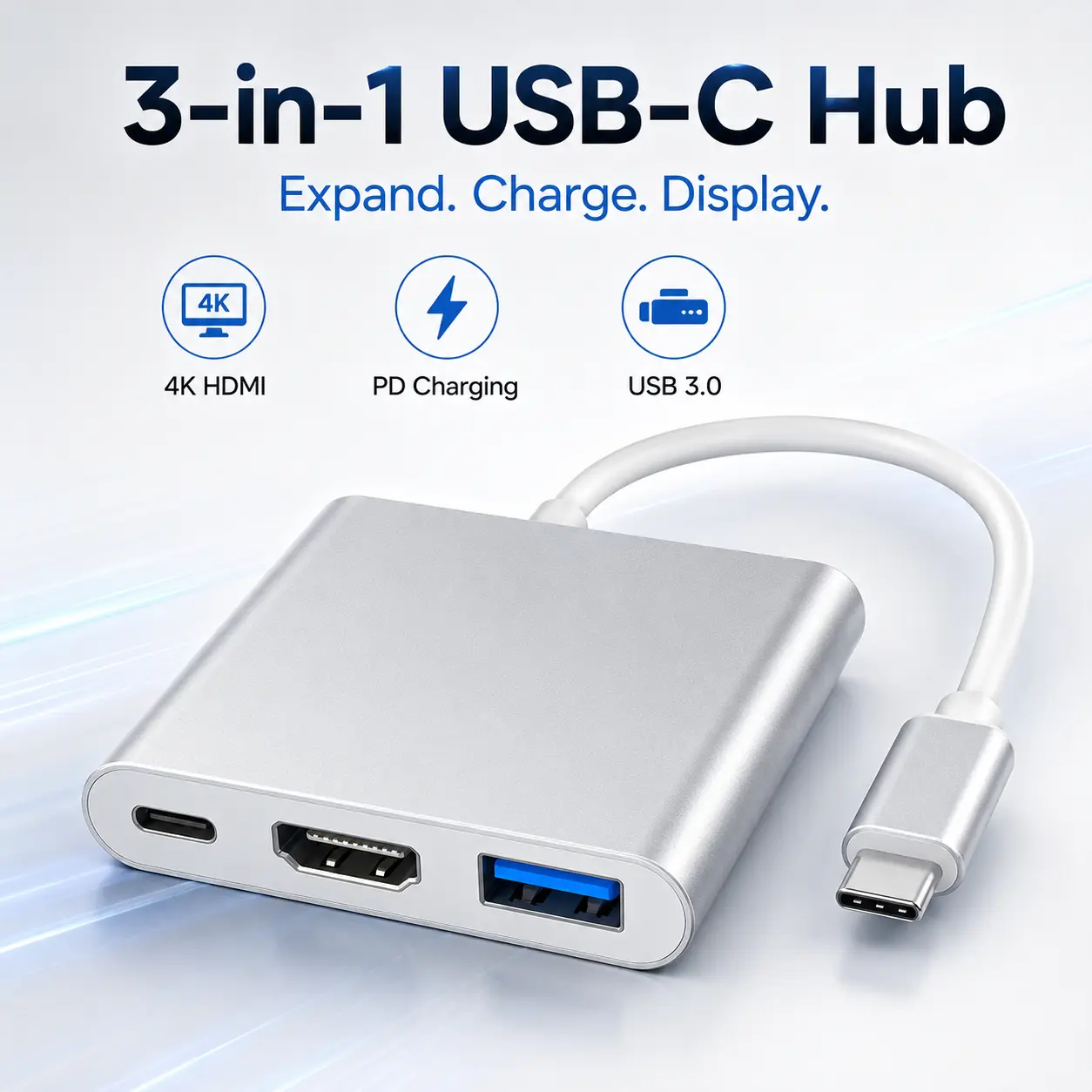 3-in-1 USB C Hub Adapter, Type-C to HDMI 4K, USB 3.0 & PD Charging Port, Portable Aluminum Multiport Converter for Laptop Tablet Phone