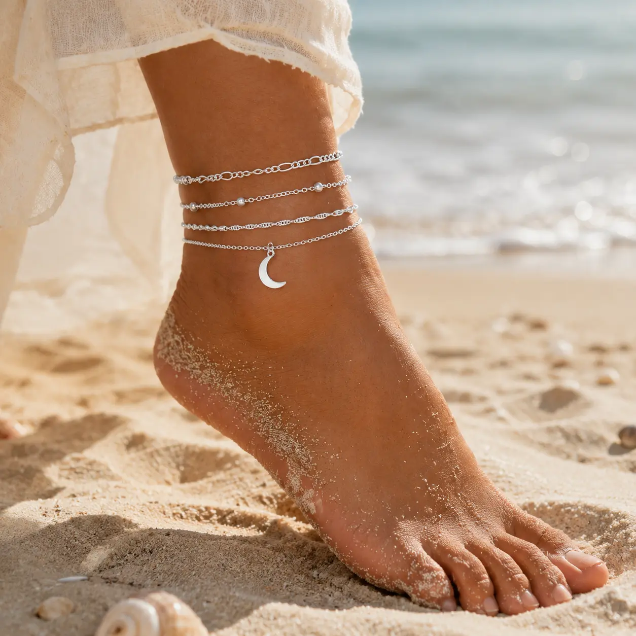 Women’s Layered Retro Crescent Moon Charm Anklet - Alloy Chain Anklets for Women with Small Parts, Bohemian Look Summer Beach Gift Jewelry