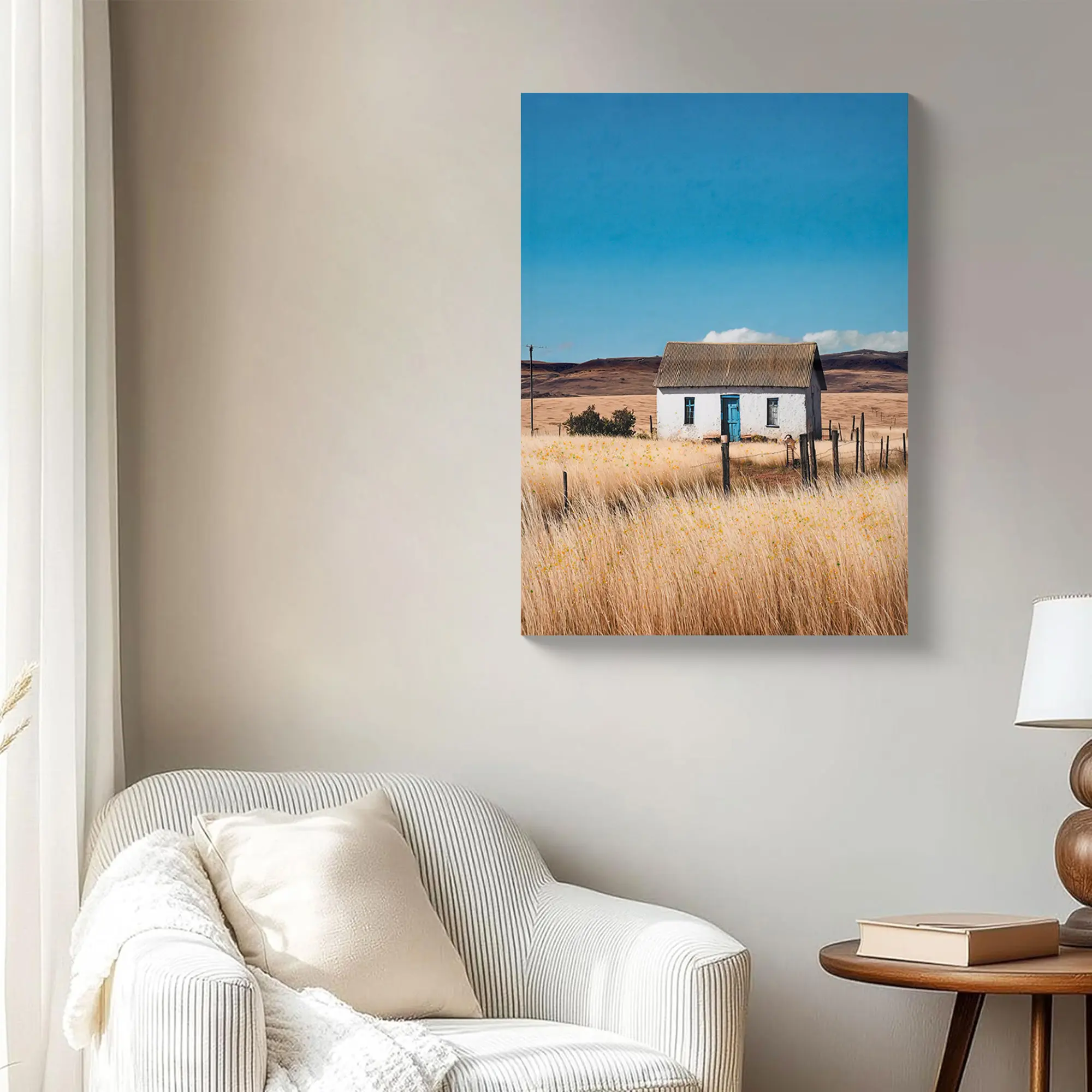 Nokaa Farmhouse Canvas Wall Art Framed White House Picture Rustic Countryside Farm Painting Print Vintage Country Flowers Scene Artwork for Living Room Bedroom Office Decor 20x28 Inch, Medium 25in-32in Size, Natural+ Blue Color