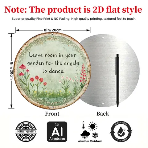 Retro Waterproof Metal Plaque - 8x8in Circular Tin/Aluminum Wall Sign with "Garden Angel Quotes", "Leave Room to Dance for Angels", Floral Art, Decorating Gift for Gardens, Living Rooms, Home & Outdoor Decor