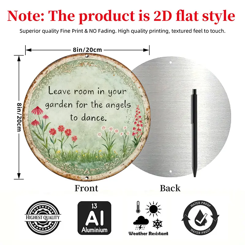 Retro Waterproof Metal Plaque - 8x8in Circular Tin/Aluminum Wall Sign with "Garden Angel Quotes", "Leave Room to Dance for Angels", Floral Art, Decorating Gift for Gardens, Living Rooms, Home & Outdoor Decor