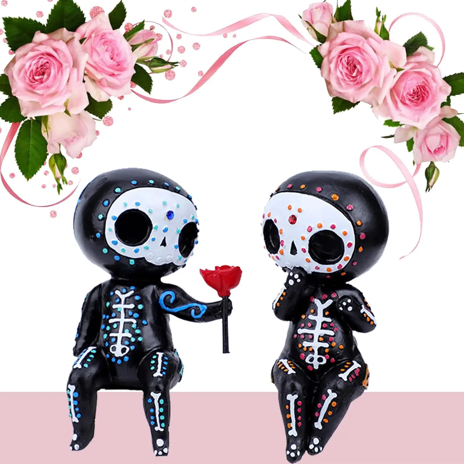 Sugar Skull Decor, Sugar Skull Couple Statue,Dia De Los Muertos Decor, Halloween Desk Decor,Day of The  Decorations for ,Sugar Skull Figurine  for Women (A)