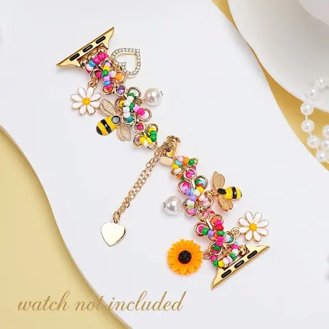 Women's Beaded Bracelet Strap with Sunflower, Daisy & Bee Charms, Compatible with Apple Watch Series 1-11, Ultra 1-3, SE, Perfect Gift (Band Only) #GLOBAL PICKS
