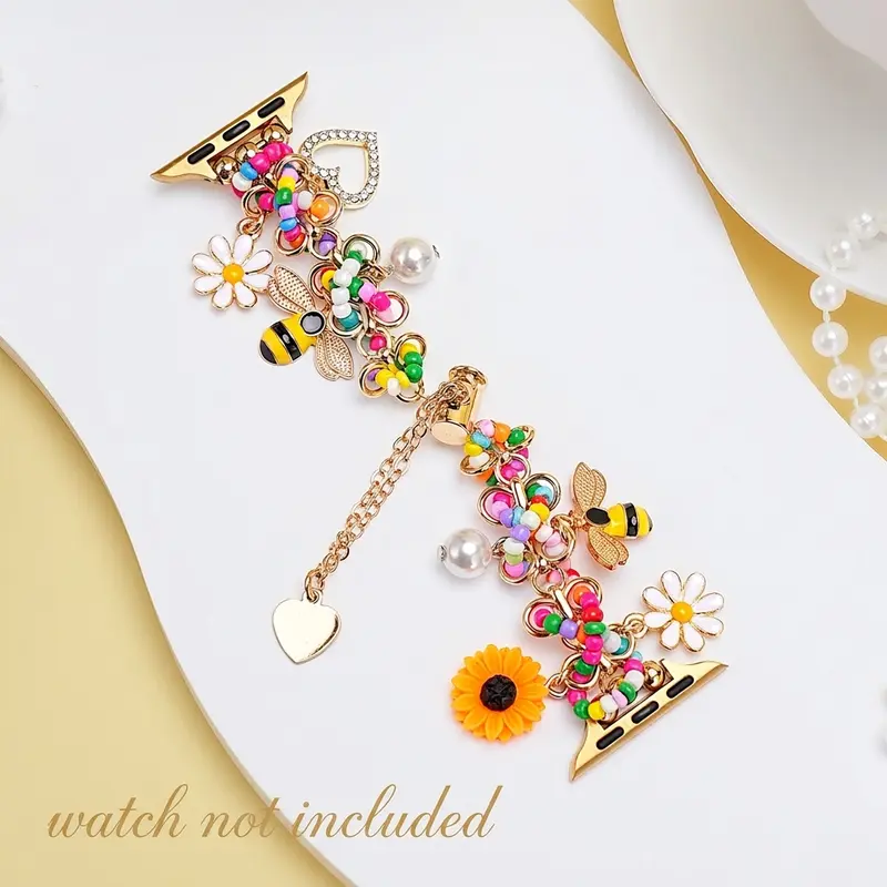 Women's Beaded Bracelet Strap with Sunflower, Daisy & Bee Charms, Compatible with Apple Watch Series 1-11, Ultra 1-3, SE, Perfect Gift (Band Only) #GLOBAL PICKS