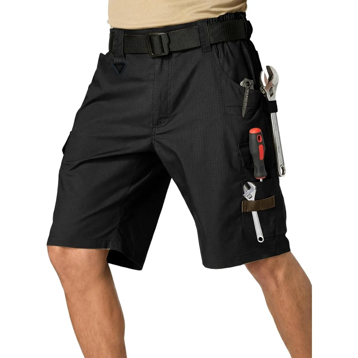 Men's Cargo Work Shorts - Menswear Cotton Outdoor Style, 14 Pockets, Water-Resistant Ripstop Quick-Dry Fabric, Elastic Waistband, External Tool Loops, Zippers, Sweat-Wicking for Construction Jobsites