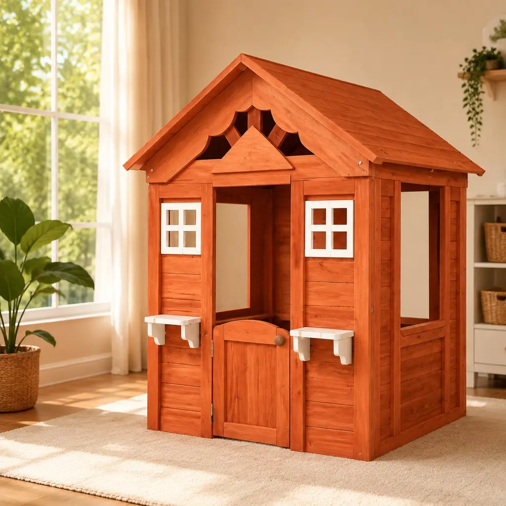 ARCH Kids Solid Wood Outdoor Playhouse for 3-8 Year Olds, 42x46x55", Golden Red, Easy Setup Pre-Cut Panels, 2 Windows, Flowerpot Holder, Backyard Outdoor Furniture Playset, Classic