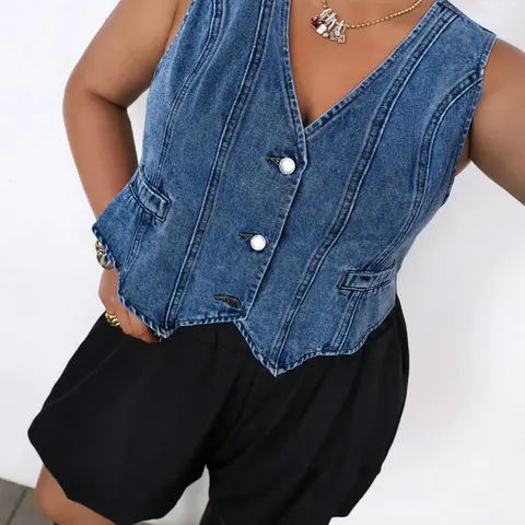 Plus Size V Neck Front Button Denim Vest Women,（It is recommended to buy one size larger.）