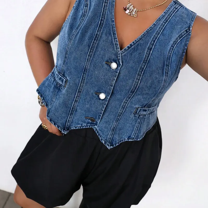Plus Size V Neck Front Button Denim Vest Women,（It is recommended to buy one size larger.）