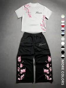 Unisex Y2K Sakura Two-Piece Set, Cherry Blossom Print Short-Sleeve T-Shirt and Wide-Leg Sweatpants, Japanese Floral Summer Streetwear for Anime Fans and Streetwear Lovers