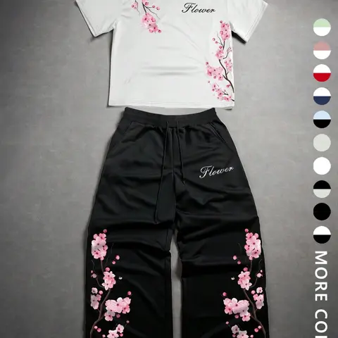 Unisex Y2K Sakura Two-Piece Set, Cherry Blossom Print Short-Sleeve T-Shirt and Wide-Leg Sweatpants, Japanese Floral Summer Streetwear for Anime Fans and Streetwear Lovers