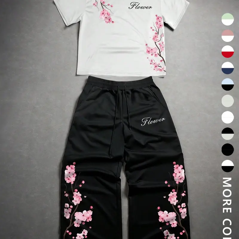 Unisex Y2K Sakura Two-Piece Set, Cherry Blossom Print Short-Sleeve T-Shirt and Wide-Leg Sweatpants, Japanese Floral Summer Streetwear for Anime Fans and Streetwear Lovers
