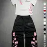 Unisex Y2K Sakura Two-Piece Set, Cherry Blossom Print Short-Sleeve T-Shirt and Wide-Leg Sweatpants, Japanese Floral Summer Streetwear for Anime Fans and Streetwear Lovers