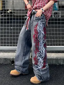 Men's Artistic Embroidered Loose Jeans, Street Style Wide Leg Pants, Casual Daily Wear, Multiple Sizes Available
