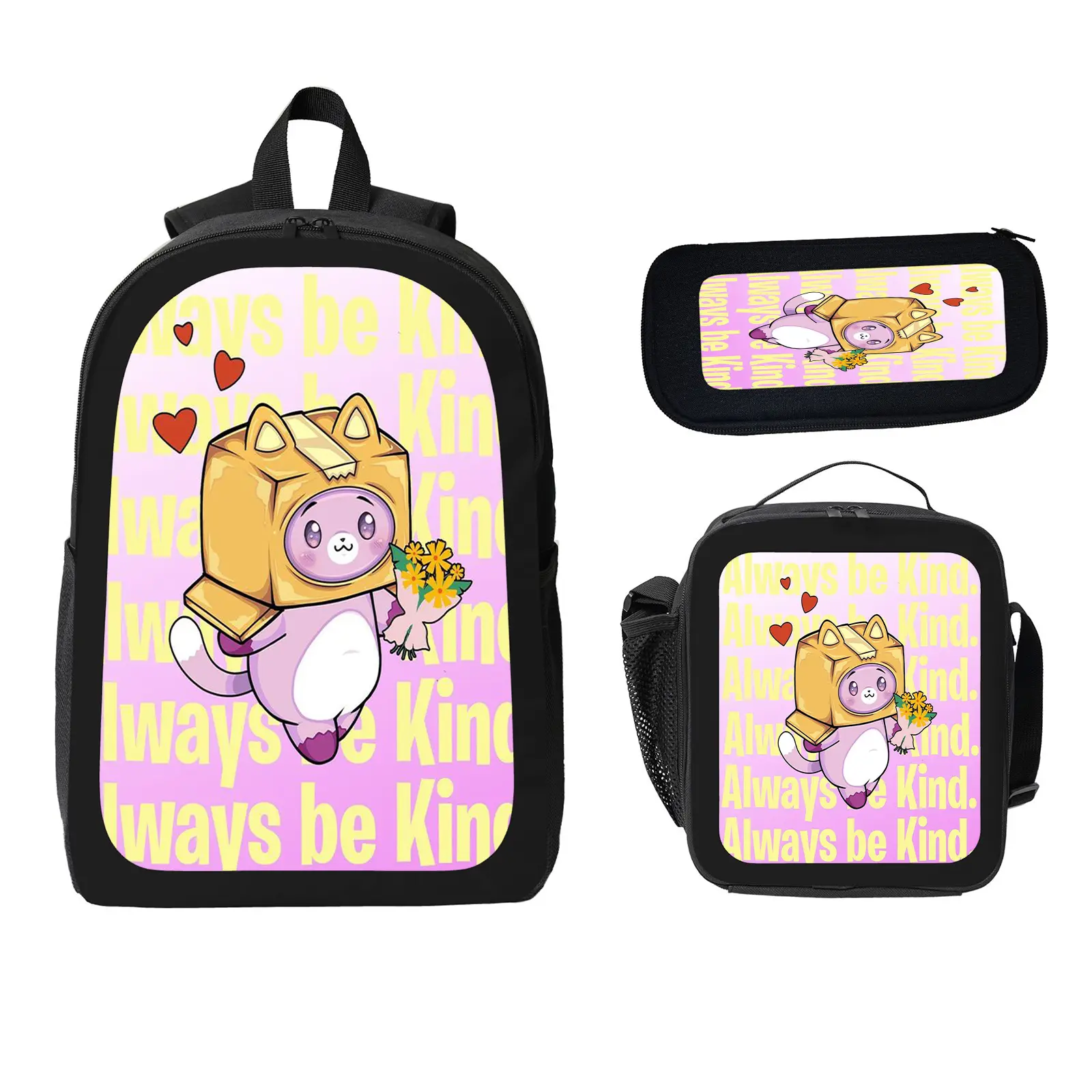 LankyBox Unisex 3-Pcs School Backpack Set Pack for Kids, Large Space Bookbag with Insulated Lunch Bag & Pencil Case, Water-Resistant Travel Days Daypack for Elementary-Middle School b-40