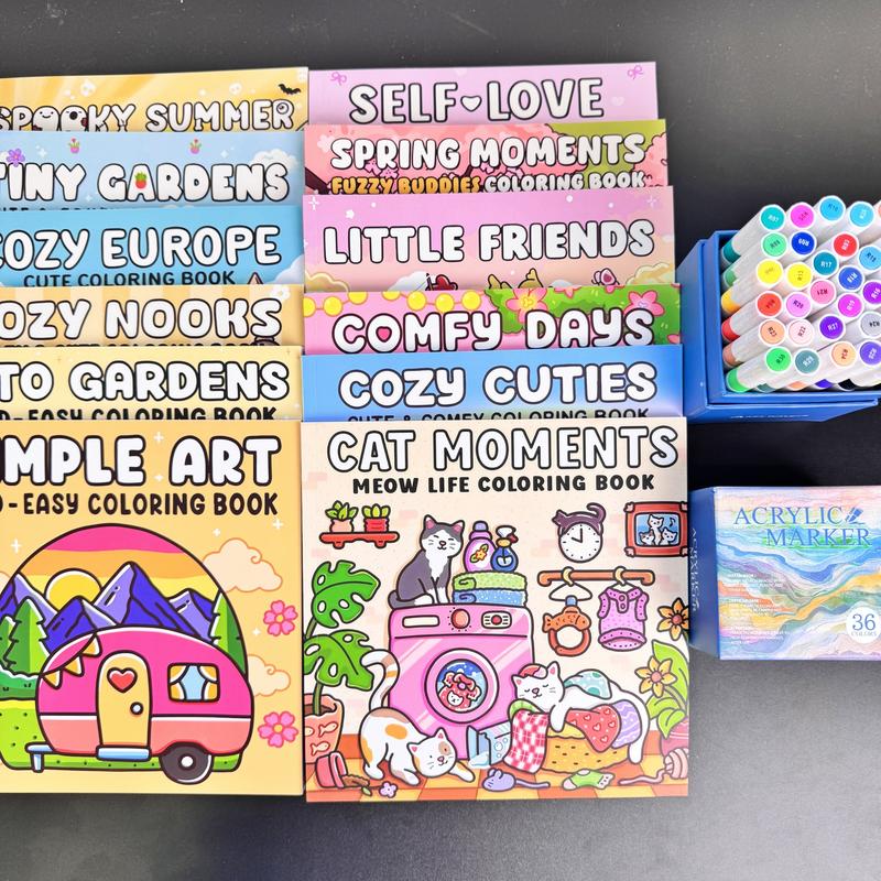 12-Piece Thick Coloring Book Set with 36 Colors, Coloring Book Markers, Cute Designs, Multiple Themes, Perfect for Daily Leisure & Holiday Gifts