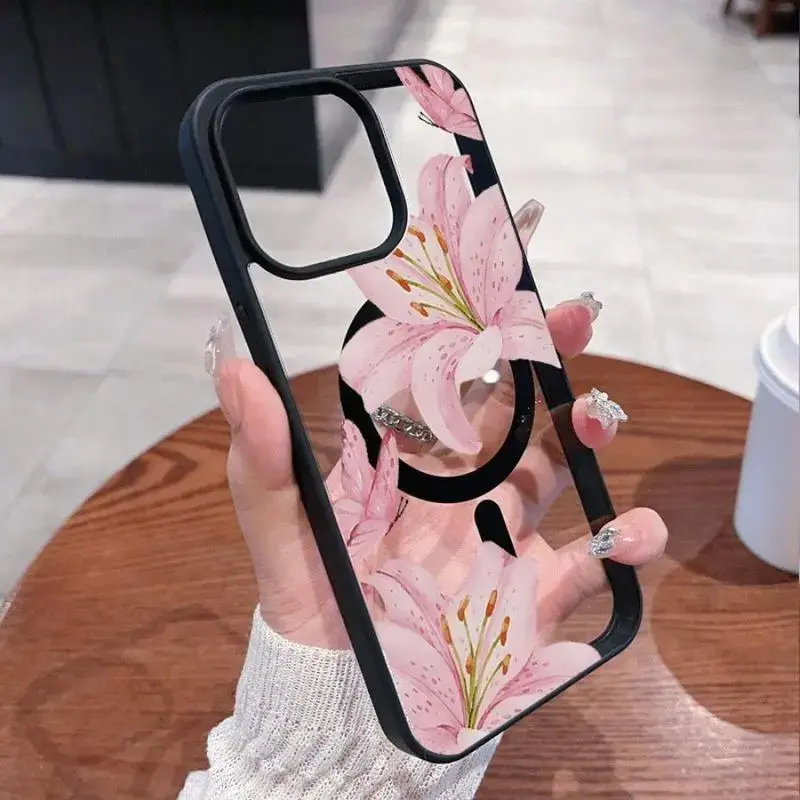 Pink Lilies Magnetic Phone Case for iPhone 17/16/15/14/13/12 Pro Fashionable Pattern Design Transparent Shockproof Classic Gift Ultra-Thin Protective Smartphone Cover Lotus