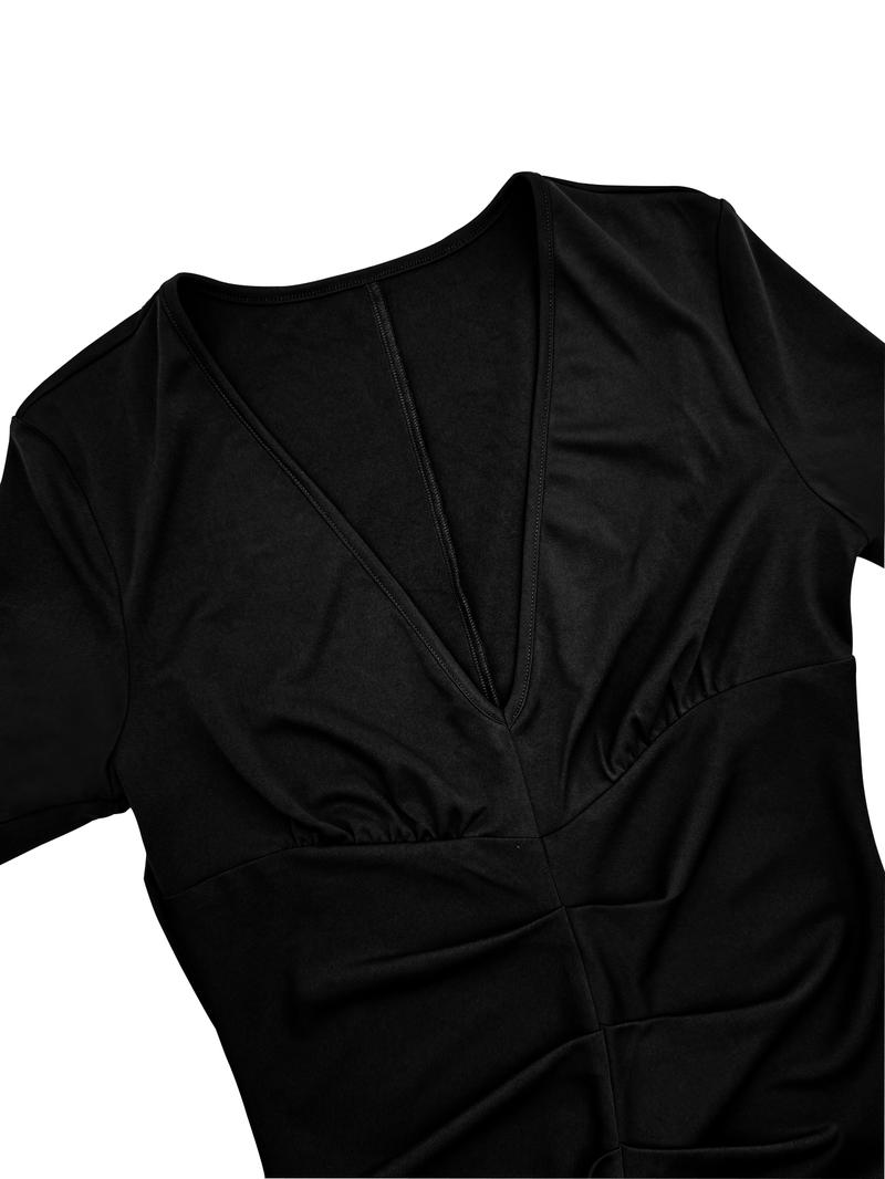 Women's Plain Deep V Neck Dress, Bodycon Stretch, Elegant Fashion Casual Long Sleeve Vneck Dress for Daily Outdoor Wear, Women Dress for All Seasons