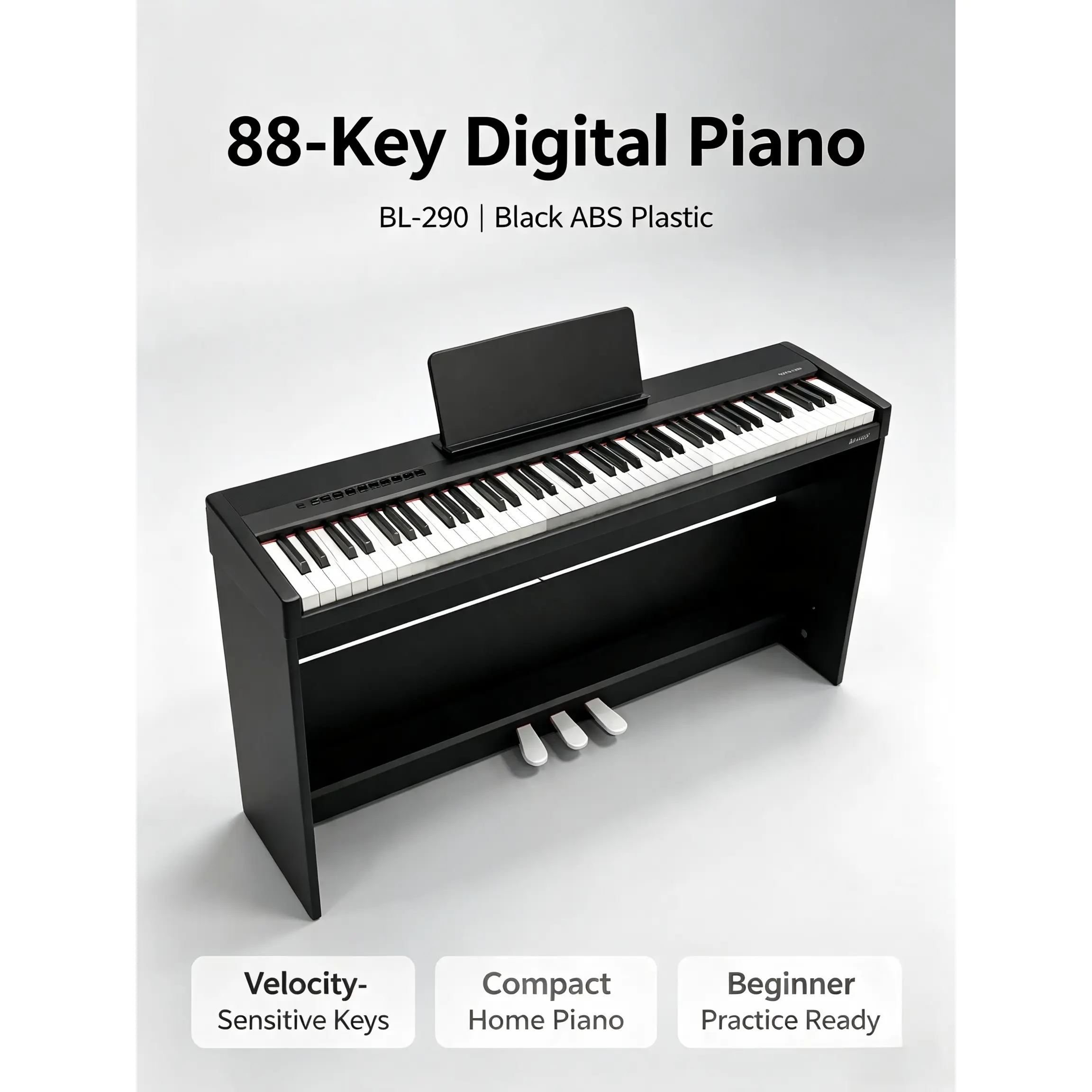 88-Key Velocity-Sensitive Digital Piano BL-290 | Black ABS Plastic | Compact Home Electric Piano for Beginners, Practice & Music Learning