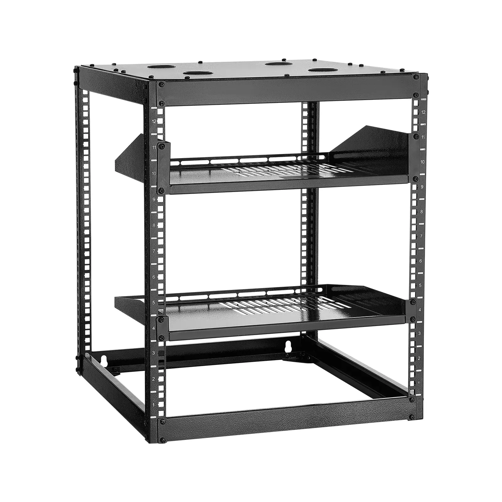 VEVOR 12U Open Frame Network Rack, 23 in Depth, Wall Mounted or Floor Standing Server Rack, Heavy Duty 4 Post, with Vented Shelves Mounting Hardware, Holds All Your Networking IT Equipment AV Gear