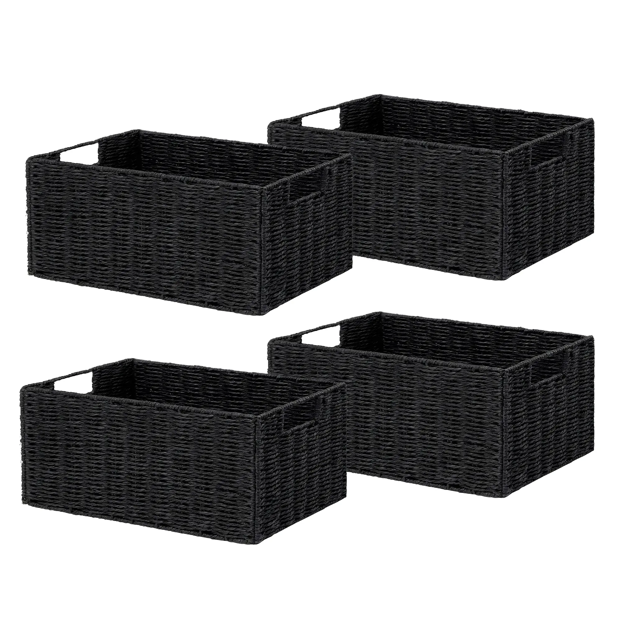 Set of 4 Collapsible Woven Storage Baskets – Rectangular Paper Rope Organizer Bins with Handles – Eco-Friendly, Breathable & Space-Saving – For Shelves, Bathroom, Toys