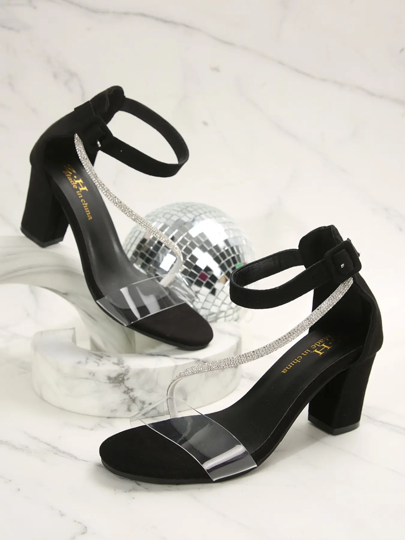 Women Square Open Toe Heel Sandals Transparent PVC Front Strap Sparkly Diagonal Crystal Band Ankle Strap Chunky Block Heels Bridal Nightclub Streetwear 2 Colors Black Red