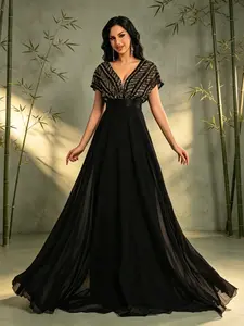 Elegant Black Sequin Chiffon Evening Dress V Neck Batwing Sleeve Floor Length Formal Gown for Wedding Guest Prom