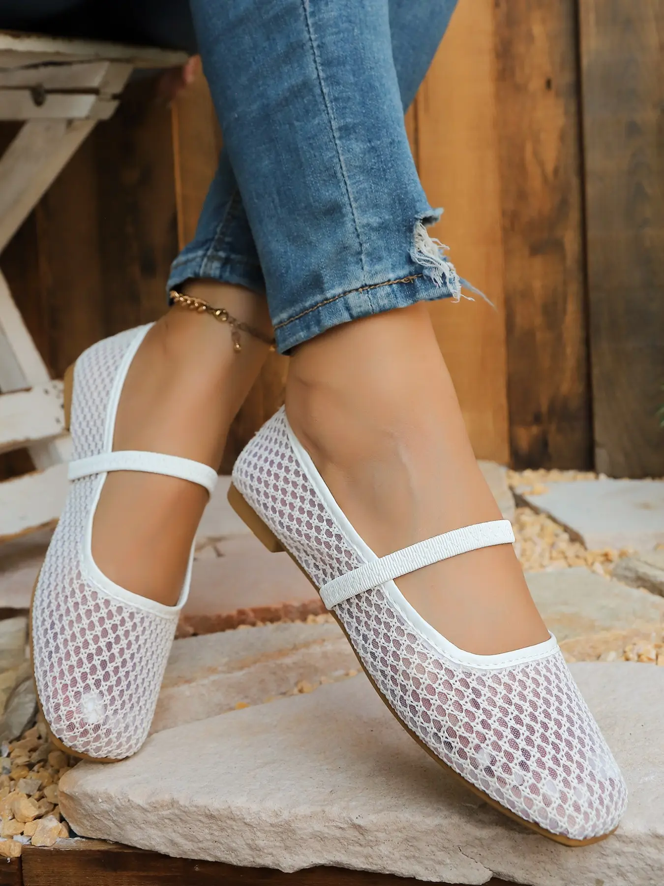 Women's New Mesh Breathable Mary Jane Shoes, Square Toe Low Top, Casual Comfortable Flat Sandals, Ideal for Daily Wear & Summer, Lightweight Flat Shoes